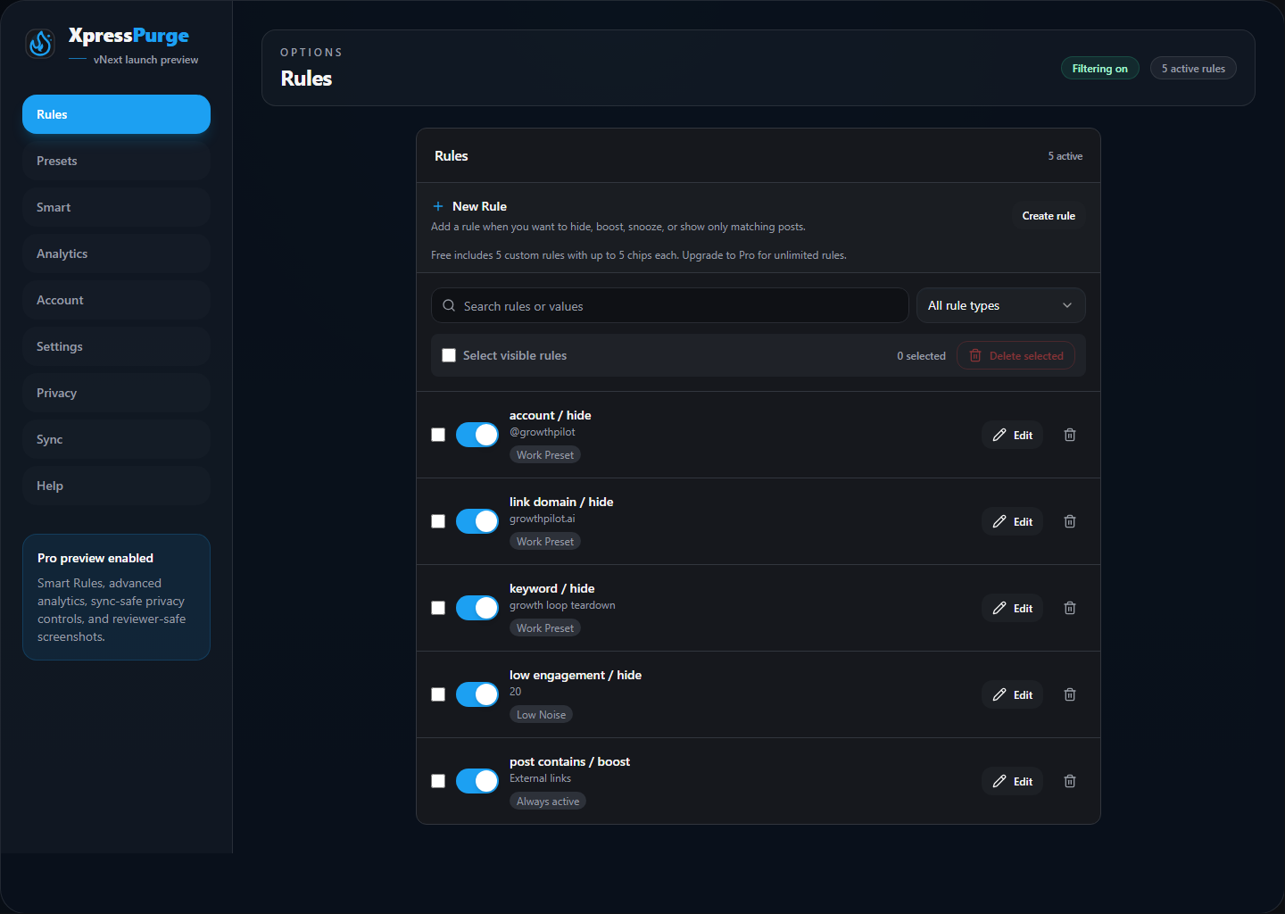 Rules workspace: hide, boost and show-only rules