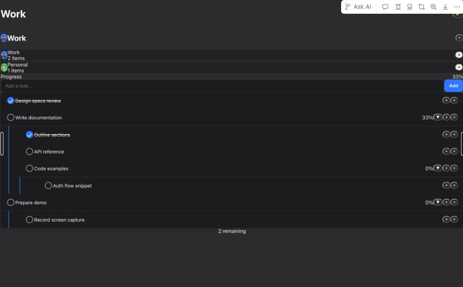 BigBang dark mode. Clean single accent color, consistent and readable, with per-task progress percentages.